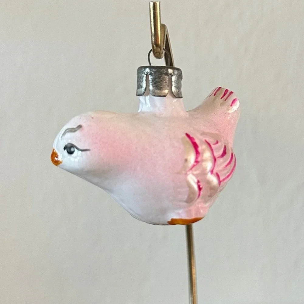 Vintage Pink Blown Glass Bird Christmas‎ Ornament Hand Painted Holiday Decor